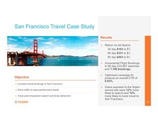 San Francisco Travel Case Study
Results
+  Return on Ad Spend:
30 day $163 to $1;
60 day $331 to $1;
90 day $403 to $1.
+  Incremental Flight Bookings:
In 90 day 233,567 searches
and 7,186 bookings.

Objective
+  Increase travel bookings to San Francisco
+  Drive traffic to www.sanfrancisco.travel
+  Track post-impression search and book behaviors

+  Optimized campaign to
produce an overall CTR of
0.83%.

	
  

+  Users exposed to the Sojern
served ads were 12% more
likely to search and 14%
more likely to book travel to
San Francisco.
21

 