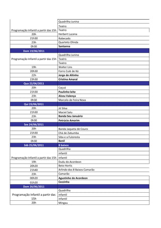 Quadrilha Junina
                                        Teatro
Programação Infantil a partir das 15h   Teatro
                20h                     Herbert Lucena
              21h30                     Rabecado
                23h                     Quarteto Olinda
               0h30                     Santanna
         Dom 19/06/2011
                                      Quadrilha Junina
Programação Infantil a partir das 15h Teatro
                                      Teatro
                19h                   Walter Lins
              20h30                   Forro Culé de Xá
                22h                   Jorge de Altinho
              23h30                   Cristina Amaral
        Qua 22/06/2011
                20h                   Caçuá
              21h30                   Paulinho leite
                23h                   Alceu Valença
               0h30                   Marcelo de Feira Nova
         Qui 23/06/2011
                20h                   Jó Silva
              21h30                   Maciel Salu
                23h                   Banda Seu Januário
               0h30                   Petrúcio Amorim
         Sex 24/06/2011
                20h                   Banda Jaqueta de Couro
              21h30                   Chá de Zabumba
                23h                   Siba e a Fuloresta
               0h30                   Benil
         Sáb 25/06/2011               8 baixos
                                      Quadrilha
                                      infantil
Programação Infantil a partir das 15h infantil
                19h                   Dudu do Acordeon
              20h20                   Beto Hortis
              21h40                   Arlindo dos 8 Baixos Camarão
                23h                   Camarão
              00h20                   Agustinho do Acordeon
              01h20                   Cezzinha
        Dom 26/06/2011
                                      Quadrilha
 Programação Infantil a partir das infantil
               15h                    infantil
                20h                   Mingau
 