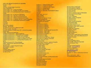 LISTA DE PRESENTACIONES EN ESPAÑOL
Revisado 1-11-2022
Abuelos
Adviento y Navidad, tiempo de esperanza
Amor y Matrimonio 1 - 9
Amoris Laetitia – ch 1 – A la luz de la Palabre
Amoris Laetitia – ch 2 – Realidad y Desafíos de las Familias
Amoris Laetitia – ch 3 La mirada puesta en Jesús: Vocación de la
Familia
Amoris Laetitia – ch 4 - El Amor en el Matrimonio
Amoris Laetitia – ch 5 – Amor que se vuelve fecundo
Amoris Laetitia – ch 6 – Algunas Perspectivas Pastorales
Amoris Laetitia – ch 7 – Fortalecer la educacion de los hijos
Amoris Laetitia – ch 8 – Acompañar, discernir e integrar la fragilidad
Amoris Laetitia – ch 9 – Espiritualidad Matrimonial y Familiar
Carnaval
Conciencia
Cristo Vive
Dia de todos los difuntos
Domingo – día del Señor
El camino de la cruz de JC en dibujos para niños
El Cuerpo, el culto – (eucarisía)
Encuentro Mundial de Familias Roma 2022 – festival de las familias
Espíritu Santo
Fatima – Historia de las apariciones
Familiaris Consortio (FC) 1 – iglesia y familia hoy
Familiaris Consortio (FC) 2 - el plan de Dios para la familia
Familiaris Consortio (FC) 3 – 1 – familia como comunidad
Familiaris Consortio (FC) 3 – 2 – servicio a la vida y educación
Familiaris Consortio (FC) 3 – 3 – misión de la familia en la sociedad
Familiaris Consortio (FC) 3 – 4 - participación de la familia en la
iglesia
Familiaris Consortio (FC) 4 Pastoral familiar
Fátima – Historia de las Apariciones de la Virgen
Feria de Sevilla
Haurietis aquas – el culto al Sagrado Corazón
Hermandades y cofradías
Hispanidad
La Iglesia, Madre y Maestra
La Comunidad Humana
La Vida en Cristo
San José, obrero, marido, padre
San Juan, apostol y evangelista
San Juan Ma Vianney, Curé de’Ars
San Juan Crisostom
San Juan de la Cruz
San Juan N. Neumann, obispo de Philadelphia
San Juan Pablo II, Karol Wojtyla
San Leon Magno
San Lucas, evangelista
San Mateo, Apóstol y Evangelista
San Martin de Porres
San Martin de Tours
San Mateo, Apostol y Evangelista
San Maximiliano Kolbe
Santa Teresa de Calcuta
Santos Marta, Maria, y Lazaro
Santos Simon y Judaa Tadeo, aposttoles
San Nazario e Celso
San Padre Pio de Pietralcina
San Patricio e Irlanda
San Pedro Claver
San Roberto Belarmino
Santiago Apóstol
Santos Zacarias e Isabel, padres de Juan Bautista
Semana santa – Vistas de las últimas horas de JC
Vacaciones Cristianas
Valentín
Vida en Cristo
Virgen de Guadalupe, Mexico
Virgen de Pilar – fiesta de la hispanidad
Virgen de Sheshan, China
Virtud
Vocación a la bienaventuranza
Vocación – www.vocación.org
Vocación a evangelizar
Para comentarios – email –
mflynn@lcegionaries.org
fb – martin m. flynn
Donations to - BANCO - 03069 INTESA SANPAOLO
SPA
Name – EUR-CA-ASTI. IBAN –
IT61Q0306909606100000139493
Laudato si 1 – cuidado del hogar común
Laudato si 2 – evangelio de creación
Laudato si 3 – La raíz de la crisis ecológica
Laudato si 4 – ecología integral
Laudato si 5 – líneas de acción
Laudato si 6 – Educación y Espiritualidad Ecológica
Ley Moral
Libertad
Lumen Fidei – cap 1,2,3,4
María y la Biblia
Martires de Corea
Martires de Nor America y Canada
Medjugore peregrinación
Misericordiae Vultus en Español
Moralidad de actos humanos
Pasiones
Papa Francisco en Baréin
Papa Francisco en Bulgaria
Papa Francisco en Rumania
Papa Francisco en Marruecos
Papa Francisco en México
Papa Francisco – Jornada Mundial Juventud 2016
Papa Francisco – visita a Chile
Papa Francisco – visita a Perú
Papa Francisco en Colombia 1 + 2
Papa Francisco en Cuba
Papa Francisco en Fátima
Papa Francisco en la JMJ 2016 – Polonia
Papa Francisco en Hugaría e Eslovaquia
Queridas Amazoznia 1,2,3,4
El Reino de Cristo
Resurrección de Jesucristo – según los Evangelios
Revolución Rusa y Comunismo 1, 2, 3
Santa Agata, virgen y martir
San Alberto Magno
San Andrés, Apostol
San Antonio de Padua
San Bruno, fundador del Cartujo
San Carlos Borromeo
San Columbanus 1,2
San Francisco de Asis 1,2,3,4
San Francisco de Sales
San Francisco Javier
Santa Faustina Kowalska, y la divina misericordia
Santa Cecilia
Saint Margaret,Queen of Scotland
Santa Maria Goretti
Santa María Magdalena
Santa Teresa de Lisieux
San Marco, evangelista
San Ignacio de Loyola
 