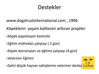 Destekler
•www.dogstrustinternational.com , 1996
•Köpeklerin yaşam kalitesini arttıran projeler
–Köpek popülasyon kontrolü
–Eğitim müfredatı çalıştayı ( 2 gün)
–Köpek davranışları ve eğitimi çalıştayı (4 gün)
–Veteriner Eğitimi
–Geliri düşük hayvan sahiplerine veteriner desteği
 