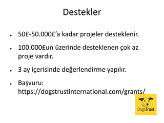 Destekler
● 50£-50.000£’a kadar projeler desteklenir.
● 100.000£un üzerinde desteklenen çok az
proje vardır.
● 3 ay içerisinde değerlendirme yapılır.
● Başvuru:
https://dogstrustinternational.com/grants/
 
