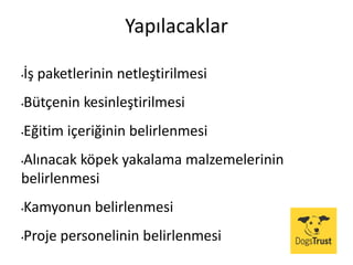 Yapılacaklar
•İş paketlerinin netleştirilmesi
•Bütçenin kesinleştirilmesi
•Eğitim içeriğinin belirlenmesi
•Alınacak köpek yakalama malzemelerinin
belirlenmesi
•Kamyonun belirlenmesi
•Proje personelinin belirlenmesi
 