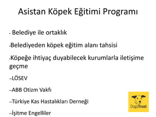 Asistan Köpek Eğitimi Programı
• Belediye ile ortaklık
•Belediyeden köpek eğitim alanı tahsisi
•Köpeğe ihtiyaç duyabilecek kurumlarla iletişime
geçme
–LÖSEV
–ABB Otizm Vakfı
–Türkiye Kas Hastalıkları Derneği
–İşitme Engelliler
 