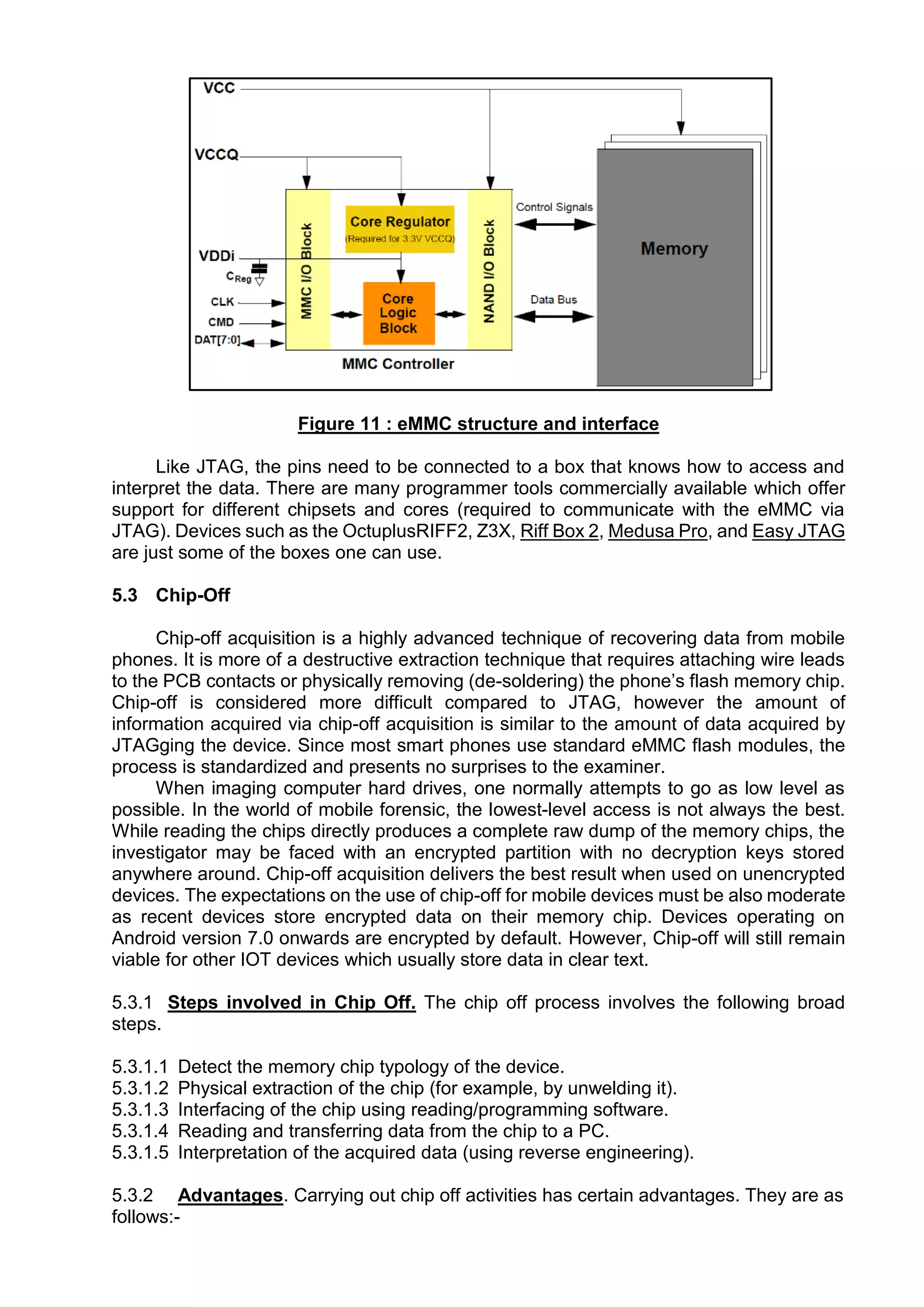 Figure 11 : eMMC structure and interface
Like JTAG, the pins need to be connected to a box that knows how to access and
interpret the data. There are many programmer tools commercially available which offer
support for different chipsets and cores (required to communicate with the eMMC via
JTAG). Devices such as the OctuplusRIFF2, Z3X, Riff Box 2, Medusa Pro, and Easy JTAG
are just some of the boxes one can use.
5.3 Chip-Off
Chip-off acquisition is a highly advanced technique of recovering data from mobile
phones. It is more of a destructive extraction technique that requires attaching wire leads
to the PCB contacts or physically removing (de-soldering) the phone’s flash memory chip.
Chip-off is considered more difficult compared to JTAG, however the amount of
information acquired via chip-off acquisition is similar to the amount of data acquired by
JTAGging the device. Since most smart phones use standard eMMC flash modules, the
process is standardized and presents no surprises to the examiner.
When imaging computer hard drives, one normally attempts to go as low level as
possible. In the world of mobile forensic, the lowest-level access is not always the best.
While reading the chips directly produces a complete raw dump of the memory chips, the
investigator may be faced with an encrypted partition with no decryption keys stored
anywhere around. Chip-off acquisition delivers the best result when used on unencrypted
devices. The expectations on the use of chip-off for mobile devices must be also moderate
as recent devices store encrypted data on their memory chip. Devices operating on
Android version 7.0 onwards are encrypted by default. However, Chip-off will still remain
viable for other IOT devices which usually store data in clear text.
5.3.1 Steps involved in Chip Off. The chip off process involves the following broad
steps.
5.3.1.1 Detect the memory chip typology of the device.
5.3.1.2 Physical extraction of the chip (for example, by unwelding it).
5.3.1.3 Interfacing of the chip using reading/programming software.
5.3.1.4 Reading and transferring data from the chip to a PC.
5.3.1.5 Interpretation of the acquired data (using reverse engineering).
5.3.2 Advantages. Carrying out chip off activities has certain advantages. They are as
follows:-
 