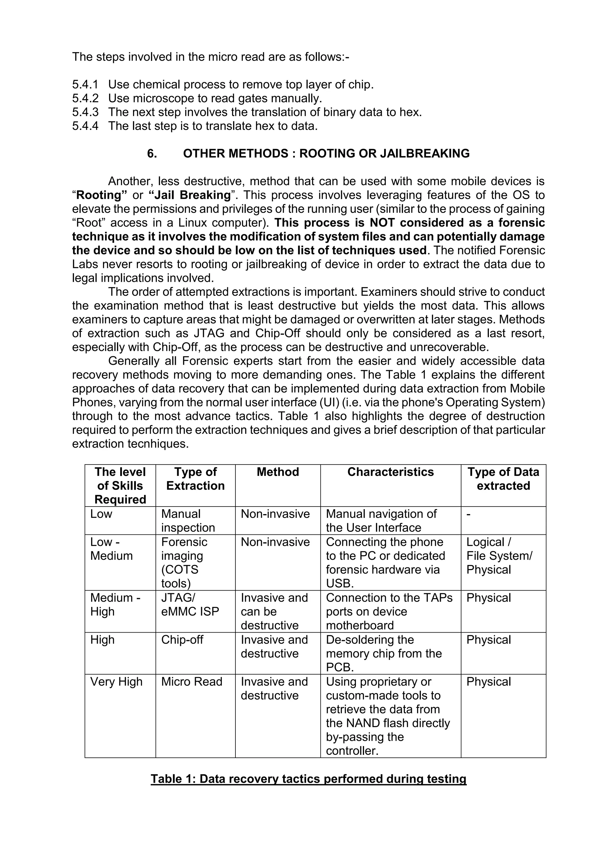 The steps involved in the micro read are as follows:-
5.4.1 Use chemical process to remove top layer of chip.
5.4.2 Use microscope to read gates manually.
5.4.3 The next step involves the translation of binary data to hex.
5.4.4 The last step is to translate hex to data.
6. OTHER METHODS : ROOTING OR JAILBREAKING
Another, less destructive, method that can be used with some mobile devices is
“Rooting” or “Jail Breaking”. This process involves leveraging features of the OS to
elevate the permissions and privileges of the running user (similar to the process of gaining
“Root” access in a Linux computer). This process is NOT considered as a forensic
technique as it involves the modification of system files and can potentially damage
the device and so should be low on the list of techniques used. The notified Forensic
Labs never resorts to rooting or jailbreaking of device in order to extract the data due to
legal implications involved.
The order of attempted extractions is important. Examiners should strive to conduct
the examination method that is least destructive but yields the most data. This allows
examiners to capture areas that might be damaged or overwritten at later stages. Methods
of extraction such as JTAG and Chip-Off should only be considered as a last resort,
especially with Chip-Off, as the process can be destructive and unrecoverable.
Generally all Forensic experts start from the easier and widely accessible data
recovery methods moving to more demanding ones. The Table 1 explains the different
approaches of data recovery that can be implemented during data extraction from Mobile
Phones, varying from the normal user interface (UI) (i.e. via the phone's Operating System)
through to the most advance tactics. Table 1 also highlights the degree of destruction
required to perform the extraction techniques and gives a brief description of that particular
extraction tecnhiques.
The level
of Skills
Required
Type of
Extraction
Method Characteristics Type of Data
extracted
Low Manual
inspection
Non-invasive Manual navigation of
the User Interface
-
Low -
Medium
Forensic
imaging
(COTS
tools)
Non-invasive Connecting the phone
to the PC or dedicated
forensic hardware via
USB.
Logical /
File System/
Physical
Medium -
High
JTAG/
eMMC ISP
Invasive and
can be
destructive
Connection to the TAPs
ports on device
motherboard
Physical
High Chip-off Invasive and
destructive
De-soldering the
memory chip from the
PCB.
Physical
Very High Micro Read Invasive and
destructive
Using proprietary or
custom-made tools to
retrieve the data from
the NAND flash directly
by-passing the
controller.
Physical
Table 1: Data recovery tactics performed during testing
 