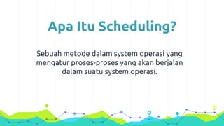 Apa Itu Scheduling?
Sebuah metode dalam system operasi yang
mengatur proses-proses yang akan berjalan
dalam suatu system operasi.
 