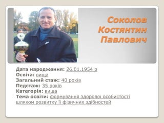 Соколов
                               Костянтин
                               Павлович


Дата народження: 26.01.1954 р
Освіта: вища
Загальний стаж: 40 років
Педстаж: 35 років
Категорія: вища
Тема освіти: формування здорової особистості
шляхом розвитку її фізичних здібностей
 
