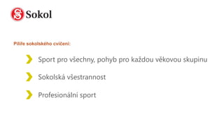 Sport pro všechny, pohyb pro každou věkovou skupinu
Pilíře sokolského cvičení:
Sokolská všestrannost
Profesionální sport
 