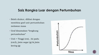  Boleh diukur, dilihat dengan
membina graf unit pertumbuhan
melawan masa
 Graf dinamakan “lengkung
pertumbuhan”
 Unit = Tinggi (cm) , Isi padu
(cm3), jisim segar (g) & jisim
kering (g)
 
