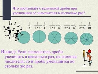 Что произойдёт с величиной дроби при
увеличении её знаменателя в несколько раз?
Вывод: Если знаменатель дроби
увеличить в несколько раз, не изменяя
числителя, то и дробь уменьшится во
столько же раз.
10
1
5*2
1
;
8
1
4*2
1
;
6
1
3*2
1
;
4
1
2*2
1
;
2
1
= = = =
 