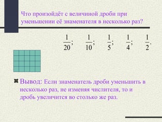 Что произойдёт с величиной дроби при
уменьшении её знаменателя в несколько раз?
Вывод: Если знаменатель дроби уменьшить в
несколько раз, не изменяя числителя, то и
дробь увеличится во столько же раз.
.
2
1
;
4
1
;
5
1
;
10
1
;
20
1
 