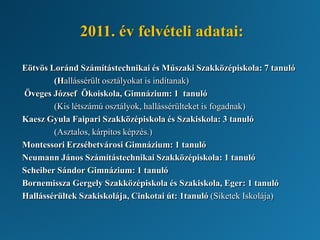 Eötvös Loránd Számítástechnikai és Műszaki Szakközépiskola: 7 tanuló
(Hallássérült osztályokat is indítanak)
Öveges József Ökoiskola, Gimnázium: 1 tanuló
(Kis létszámú osztályok, hallássérülteket is fogadnak)
Kaesz Gyula Faipari Szakközépiskola és Szakiskola: 3 tanuló
(Asztalos, kárpitos képzés.)
Montessori Erzsébetvárosi Gimnázium: 1 tanuló
Neumann János Számítástechnikai Szakközépiskola: 1 tanuló
Scheiber Sándor Gimnázium: 1 tanuló
Bornemissza Gergely Szakközépiskola és Szakiskola, Eger: 1 tanuló
Hallássérültek Szakiskolája, Cinkotai út: 1tanuló (Siketek Iskolája)
2011. év felvételi adatai:
 
