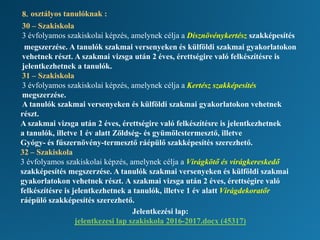 8. osztályos tanulóknak :
30 – Szakiskola
3 évfolyamos szakiskolai képzés, amelynek célja a Dísznövénykertész szakképesítés
megszerzése. A tanulók szakmai versenyeken és külföldi szakmai gyakorlatokon
vehetnek részt. A szakmai vizsga után 2 éves, érettségire való felkészítésre is
jelentkezhetnek a tanulók.
31 – Szakiskola
3 évfolyamos szakiskolai képzés, amelynek célja a Kertész szakképesítés
megszerzése.
A tanulók szakmai versenyeken és külföldi szakmai gyakorlatokon vehetnek
részt.
A szakmai vizsga után 2 éves, érettségire való felkészítésre is jelentkezhetnek
a tanulók, illetve 1 év alatt Zöldség- és gyümölcstermesztő, illetve
Gyógy- és fűszernövény-termesztő ráépülő szakképesítés szerezhető.
32 – Szakiskola
3 évfolyamos szakiskolai képzés, amelynek célja a Virágkötő és virágkereskedő
szakképesítés megszerzése. A tanulók szakmai versenyeken és külföldi szakmai
gyakorlatokon vehetnek részt. A szakmai vizsga után 2 éves, érettségire való
felkészítésre is jelentkezhetnek a tanulók, illetve 1 év alatt Virágdekoratőr
ráépülő szakképesítés szerezhető.
Jelentkezési lap:
jelentkezesi lap szakiskola 2016-2017.docx (45317)
 