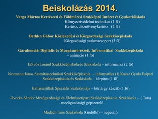 Beiskolázás 2014.
Varga Márton Kertészeti és Földmérési Szakképző Intézet és Gyakorlóiskola
Környezetvédelmi technikus (1 fő)
Kertész, dísznövénykertész (2 fő)
Bethlen Gábor Közlekedési és Közgazdasági Szakközépiskola
Közgazdasági szakmacsoport (3 fő)
Garabonciás Digitális és Mozgásművészeti, Informatikai Szakközépiskola
– animáció (1 fő)
Eötvös Loránd Szakközépiskola és Szakiskola – informatika (2 fő)
Neumann János Számítástechnikai Szakközépiskola – informatika (1) Kaesz Gyula Faipari
Szakközépiskola és Szakiskola – kárpitos (1 fő)
Hallássérültek Speciális Szakiskolája – bőrtárgy készítő (1 fő)
Jávorka Sándor Mezőgazdasági és Élelmiszeripari Szakközépiskola, Szakiskola - ( Tata)
- mezőgazdasági gépszerelő
Madách Imre Szakiskola (Gödöllő) – hegesztő
 