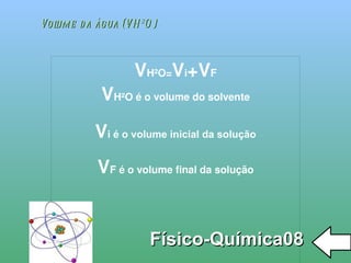 
      
       Volume da água (VH²O) 
      
     
      
       Físico-Química08 
      
     
      
       V H²O= V i +V F 
       V H²O é o volume do solvente 
       
       V i é o volume inicial da solução 
       
       V F é o volume final da solução 
       
       
       
       
       
       
      
     
      
     