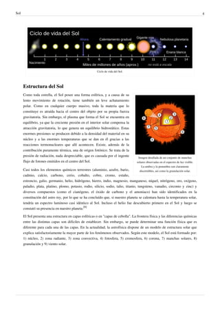 Sol                                                                                                                                     4




                                                         Ciclo de vida del Sol.




      Estructura del Sol
      Como toda estrella, el Sol posee una forma esférica, y a causa de su
      lento movimiento de rotación, tiene también un leve achatamiento
      polar. Como en cualquier cuerpo masivo, toda la materia que lo
      constituye es atraída hacia el centro del objeto por su propia fuerza
      gravitatoria. Sin embargo, el plasma que forma el Sol se encuentra en
      equilibrio, ya que la creciente presión en el interior solar compensa la
      atracción gravitatoria, lo que genera un equilibrio hidrostático. Estas
      enormes presiones se producen debido a la densidad del material en su
      núcleo y a las enormes temperaturas que se dan en él gracias a las
      reacciones termonucleares que allí acontecen. Existe, además de la
      contribución puramente térmica, una de origen fotónico. Se trata de la
      presión de radiación, nada despreciable, que es causada por el ingente         Imagen detallada de un conjunto de manchas
      flujo de fotones emitidos en el centro del Sol.                               solares observadas en el espectro de luz visible.
                                                                                        La umbra y la penumbra son claramente
      Casi todos los elementos químicos terrestres (aluminio, azufre, bario,          discernibles, así como la granulación solar.
      cadmio, calcio, carbono, cerio, cobalto, cobre, cromo, estaño,
      estroncio, galio, germanio, helio, hidrógeno, hierro, indio, magnesio, manganeso, níquel, nitrógeno, oro, oxígeno,
      paladio, plata, platino, plomo, potasio, rodio, silicio, sodio, talio, titanio, tungsteno, vanadio, circonio y zinc) y
      diversos compuestos (como el cianógeno, el óxido de carbono y el amoniaco) han sido identificados en la
      constitución del astro rey, por lo que se ha concluído que, si nuestro planeta se calentara hasta la temperatura solar,
      tendría un espectro luminoso casi idéntico al Sol. Incluso el helio fue descubierto primero en el Sol y luego se
      constató su presencia en nuestro planeta.[8]

      El Sol presenta una estructura en capas esféricas o en "capas de cebolla". La frontera física y las diferencias químicas
      entre las distintas capas son difíciles de establecer. Sin embargo, se puede determinar una función física que es
      diferente para cada una de las capas. En la actualidad, la astrofísica dispone de un modelo de estructura solar que
      explica satisfactoriamente la mayor parte de los fenómenos observados. Según este modelo, el Sol está formado por:
      1) núcleo, 2) zona radiante, 3) zona convectiva, 4) fotosfera, 5) cromosfera, 6) corona, 7) manchas solares, 8)
      granulación y 9) viento solar.
 