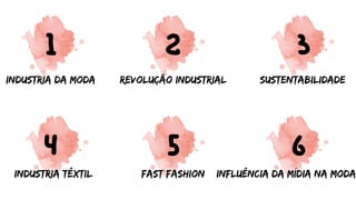 1 2 3
4 5 6
Industria da moda Revolução industrial Sustentabilidade
Industria têxtil Fast fashion influência da mídia na moda
 