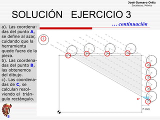 José Gumaro Ortiz
Zacatecas, México
5
a). Las coordena-
das del punto A,
se define al azar,
cuidando que la
herramienta
quede fuera de la
pieza.
b). Las coordena-
das del punto B,
las obtenemos
del dibujo.
c). Las coordena-
das de C, se
calculan resol-
viendo el trián-
gulo rectángulo.
SOLUCIÓN EJERCICIO 3
… continuación
7 mm
C’
 