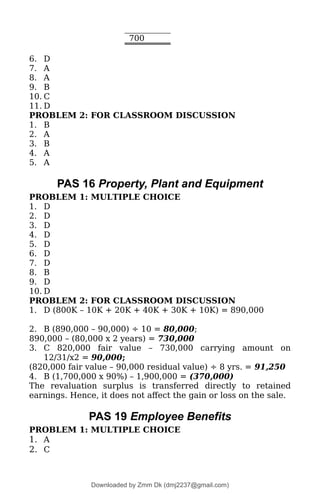 700
6. D
7. A
8. A
9. B
10. C
11. D
PROBLEM 2: FOR CLASSROOM DISCUSSION
1. B
2. A
3. B
4. A
5. A
PAS 16 Property, Plant and Equipment
PROBLEM 1: MULTIPLE CHOICE
1. D
2. D
3. D
4. D
5. D
6. D
7. D
8. B
9. D
10. D
PROBLEM 2: FOR CLASSROOM DISCUSSION
1. D (800K – 10K + 20K + 40K + 30K + 10K) = 890,000
2. B (890,000 – 90,000) ÷ 10 = 80,000;
890,000 – (80,000 x 2 years) = 730,000
3. C 820,000 fair value – 730,000 carrying amount on
12/31/x2 = 90,000;
(820,000 fair value – 90,000 residual value) ÷ 8 yrs. = 91,250
4. B (1,700,000 x 90%) – 1,900,000 = (370,000)
The revaluation surplus is transferred directly to retained
earnings. Hence, it does not affect the gain or loss on the sale.
PAS 19 Employee Benefits
PROBLEM 1: MULTIPLE CHOICE
1. A
2. C
Downloaded by Zmm Dk (dmj2237@gmail.com)
lOMoARcPSD|46138815
 