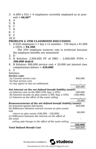 3. A (8M x 5%) ÷ 6 employees currently employed as at year-
end = 66,667
4. A
5. B
6. C
7. D
8. C
9. C
10.D
PROBLEM 2: FOR CLASSROOM DISCUSSION
1. D [(20 employees x 1 day x 12 months) – 150 days] x ₱1,000
x 105% = 94,500.
The 20% employee turnover rate is irrelevant because
the employee benefits are monetized.
2. D
3. B Solution: 2,900,000 PV of DBO – 2,600,000 FVPA =
300,000 deficit
4. B Solution: 400,000 service cost + 20,000 net interest (see
computations below) = 420,000
5. C
Solution:
Service cost:
(a) Current service cost 400,000
(b) Past service cost -
(c) Any (gain) or loss on settlement -
400,000
Net interest on the net defined benefit liability (asset):
(a) Interest cost on the DBO (2M, beg. x 10%) 200,000
(b) Interest income on plan assets (1.8M, beg. x 10%) (180,000)
(c) Interest on the effect of the asset ceiling -
20,000
Remeasurements of the net defined benefit liability (asset):
(a) Actuarial (gains) and losses 200,000
(b) Difference between interest income on plan assets
and
60,000
return on plan assets (180,000 – 120,000)
(c) Difference between the interest on the effect of
the asset -
ceiling and change in the effect of the asset ceiling
260,000
Total Defined Benefit Cost 680,000
Downloaded by Zmm Dk (dmj2237@gmail.com)
lOMoARcPSD|46138815
 