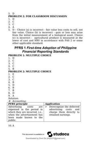 5. D
PROBLEM 2: FOR CLASSROOM DISCUSSION
1. D
2. C
3. C
4. A
5. D – Choice (a) is incorrect - fair value less costs to sell, not
fair value. Choice (b) is incorrect - gain or loss may arise
from the initial measurement of a biological asset. Choice
(c) is incorrect - agricultural produce is measured at the
lower of cost and NRV in accordance with PAS 2 or some
other applicable standard.
PFRS 1 First-time Adoption of Philippine
Financial Reporting Standards
PROBLEM 1: MULTIPLE CHOICE
1. D
2. C
3. C
4. C
5. B
PROBLEM 2: MULTIPLE CHOICE
1. E
2. C
3. C
4. B
5. D
6. B
7. B
8. D
9. A
Solution:
 Accounting:
PFRS principle Application
Advertising costs are
expensed in the period in
which they are incurred, i.e.,
when the advertisement has
been made known to the
public.
 Derecognize the deferred
advertising costs and
charge them directly to
retained earnings.
10. A
Downloaded by Zmm Dk (dmj2237@gmail.com)
lOMoARcPSD|46138815
 