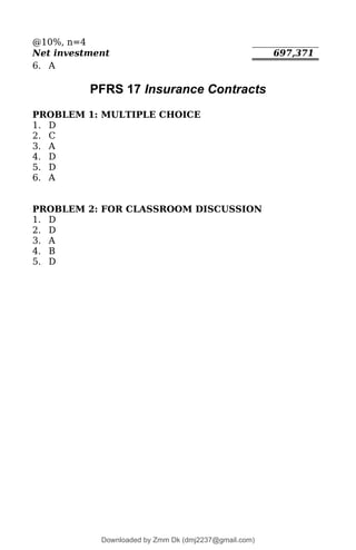 @10%, n=4
Net investment 697,371
6. A
PFRS 17 Insurance Contracts
PROBLEM 1: MULTIPLE CHOICE
1. D
2. C
3. A
4. D
5. D
6. A
PROBLEM 2: FOR CLASSROOM DISCUSSION
1. D
2. D
3. A
4. B
5. D
Downloaded by Zmm Dk (dmj2237@gmail.com)
lOMoARcPSD|46138815
 