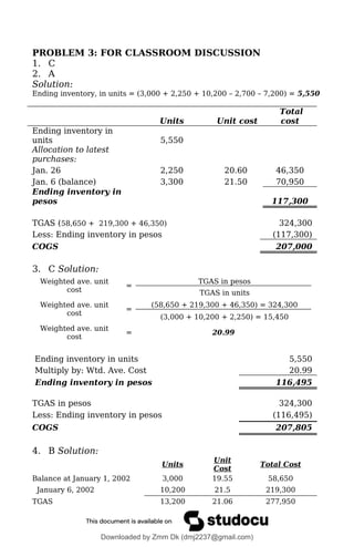 PROBLEM 3: FOR CLASSROOM DISCUSSION
1. C
2. A
Solution:
Ending inventory, in units = (3,000 + 2,250 + 10,200 – 2,700 – 7,200) = 5,550
Units Unit cost
Total
cost
Ending inventory in
units 5,550
Allocation to latest
purchases:
Jan. 26 2,250 20.60 46,350
Jan. 6 (balance) 3,300 21.50 70,950
Ending inventory in
pesos 117,300
TGAS (58,650 + 219,300 + 46,350) 324,300
Less: Ending inventory in pesos (117,300)
COGS 207,000
3. C Solution:
Weighted ave. unit
cost
=
TGAS in pesos
TGAS in units
Weighted ave. unit
cost
=
(58,650 + 219,300 + 46,350) = 324,300
(3,000 + 10,200 + 2,250) = 15,450
Weighted ave. unit
cost
= 20.99
Ending inventory in units 5,550
Multiply by: Wtd. Ave. Cost 20.99
Ending inventory in pesos 116,495
TGAS in pesos 324,300
Less: Ending inventory in pesos (116,495)
COGS 207,805
4. B Solution:
Units
Unit
Cost
Total Cost
Balance at January 1, 2002 3,000 19.55 58,650
January 6, 2002 10,200 21.5 219,300
TGAS 13,200 21.06 277,950
Downloaded by Zmm Dk (dmj2237@gmail.com)
lOMoARcPSD|46138815
 