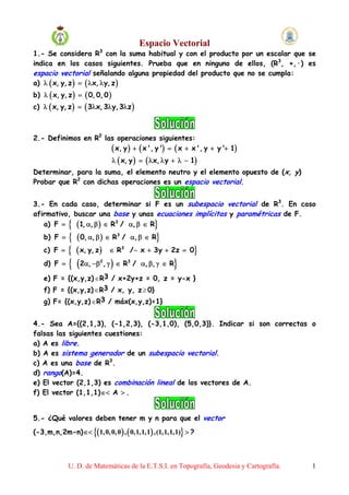 Espacio Vectorial
                         3
1.- Se considera R con la suma habitual y con el producto por un escalar que se
indica en los casos siguientes. Prueba que en ninguno de ellos, (R3, +,·) es
espacio vectorial señalando alguna propiedad del producto que no se cumpla:
a) λ ( x, y, z ) = ( λ x, λ y, z )
b) λ ( x, y, z ) = ( 0, 0, 0 )
c) λ ( x, y, z ) = ( 3λx, 3λy, 3λz )



2.- Definimos en R2 las operaciones siguientes:
                      ( x, y ) + ( x ', y ') = ( x + x ', y + y '+ 1)
                                 λ ( x, y ) = ( λ x, λ y + λ − 1)
Determinar, para la suma, el elemento neutro y el elemento opuesto de (x, y)
Probar que R2 con dichas operaciones es un espacio vectorial.


3.- En cada caso, determinar si F es un subespacio vectorial de R3. En caso
afirmativo, buscar una base y unas ecuaciones implícitas y paramétricas de F.
   a) F = { (1, α, β ) ∈ R3 / α, β ∈ R}
    b) F =   { ( 0, α, β ) ∈ R / α, β ∈ R}
                                   3


    c)   F = { ( x, y, z ) ∈ R / − x + 3y + 2z = 0}
                                       3



    d)   F = { ( 2α, −β , γ ) ∈ R / α, β, γ ∈ R}
                         2                 3



    e) F = {(x,y,z) ∈R3 / x+2y+z = 0, z = y-x }
    f) F = {(x,y,z) ∈R3 / x, y, z ≥ 0}
    g) F= {(x,y,z) ∈R3 / máx(x,y,z)<1}


4.- Sea A={(2,1,3), (-1,2,3), (-3,1,0), (5,0,3)}. Indicar si son correctas o
falsas las siguientes cuestiones:
a) A es libre.
b) A es sistema generador de un subespacio vectorial.
c) A es una base de R3.
d) rango(A)=4.
e) El vector (2,1,3) es combinación lineal de los vectores de A.
f) El vector (1,1,1) ∈< A > .


5.- ¿Qué valores deben tener m y n para que el vector
(-3,m,n,2m-n) ∈< {( 1, 0, 0, 0 ) , ( 0,1,1,1) ,(1,1,1,1)} > ?



             U. D. de Matemáticas de la E.T.S.I. en Topografía, Geodesia y Cartografía.   1
 