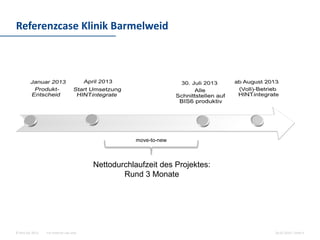 For internal use only© Hint AG 2013
Referenz Case Klinik Barmelweid
10.03.2014 | Seite 9
move-to-new
Nettodurchlaufzeit des Projektes:
Rund 3 Monate
 