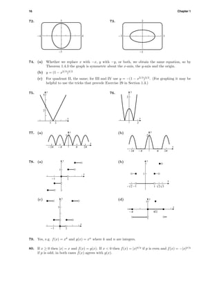 16 Chapter 1
72. 3
–3
-4 4
73. 2
-2
-3 3
74. (a) Whether we replace x with −x, y with −y, or both, we obtain the same equation, so by
Theorem 1.4.3 the graph is symmetric about the x-axis, the y-axis and the origin.
(b) y = (1 − x2/3
)3/2
(c) For quadrant II, the same; for III and IV use y = −(1 − x2/3
)3/2
. (For graphing it may be
helpful to use the tricks that precede Exercise 29 in Section 1.3.)
75.
2
5
y
1 2
x
76. y
x
2
2
77. (a)
1
y
C
x
O c o
(b)
2
y
O
x
C c o
78. (a)
x
1
y
1
-1
(b)
x
1
y
1
-1 ‚2-‚2 ‚3
(c)
x
1
y
-1
3
(d)
x
y
1
c/2C
79. Yes, e.g. f(x) = xk
and g(x) = xn
where k and n are integers.
80. If x ≥ 0 then |x| = x and f(x) = g(x). If x < 0 then f(x) = |x|p/q
if p is even and f(x) = −|x|p/q
if p is odd; in both cases f(x) agrees with g(x).
 