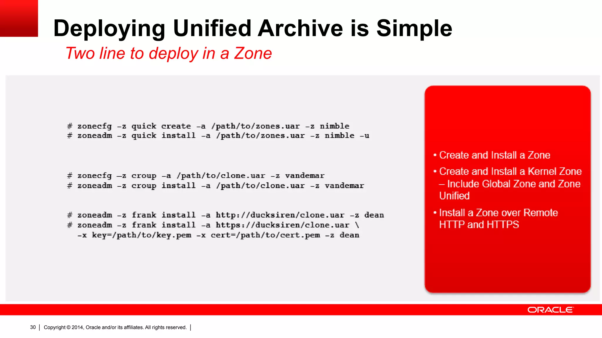 Copyright © 2014, Oracle and/or its affiliates. All rights reserved.30
Deploying Unified Archive is Simple
Two line to deploy in a Zone
 