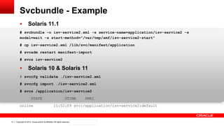 Copyright © 2012, Oracle and/or its affiliates. All rights reserved. Confidential – Oracle Internal10
Svcbundle - Example
 Solaris 11.1
# svcbundle -o isv-service2.xml -s service-name=application/isv-service2 -s
model=wait -s start-method="/var/tmp/smf/isv-service2-start"
# cp isv-service2.xml /lib/svc/manifest/application
# svcadm restart manifest-import
# svcs isv-service2
 Solaris 10 & Solaris 11
# svccfg validate ./isv-service2.xml
# svccfg import ./isv-service2.xml
# svcs /application/isv-service2
STATE STIME FMRI
online 11:52:09 svc:/application/isv-service2:default
 