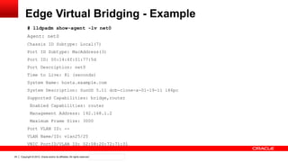 Copyright © 2012, Oracle and/or its affiliates. All rights reserved. Confidential – Oracle Internal24
Edge Virtual Bridging - Example
# lldpadm show-agent -lv net0
Agent: net0
Chassis ID Subtype: Local(7)
Port ID Subtype: MacAddress(3)
Port ID: 00:14:4f:01:77:5d
Port Description: net0
Time to Live: 81 (seconds)
System Name: hosta.example.com
System Description: SunOS 5.11 dcb-clone-x-01-19-11 i86pc
Supported Capabilities: bridge,router
Enabled Capabilities: router
Management Address: 192.168.1.2
Maximum Frame Size: 3000
Port VLAN ID: --
VLAN Name/ID: vlan25/25
VNIC PortID/VLAN ID: 02:08:20:72:71:31
 