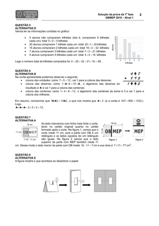 Solução da prova da 1a fase   2
                                                                          OBMEP 2010 − Nível 1

QUESTÃO 5
ALTERNATIVA D
Vamos ler as informações contidas no gráfico:

        •   5 alunos não compraram bilhetes (isto é, compraram 0 bilhetes
            cada um): total 5 × 0 = 0 bilhetes
        •   20 alunos compraram 1 bilhete cada um: total 20 × 1 = 20 bilhetes
        •   16 alunos compraram 2 bilhetes cada um: total 16 × 2 = 32 bilhetes
        •   7 alunos compraram 3 bilhetes cada um: total 7 × 3 = 21 bilhetes
        •   4 alunos compraram 4 bilhetes cada um: total 4 × 4 = 16 bilhetes

Logo o número total de bilhetes comprados foi 0 + 20 + 32 + 21 + 16 = 89.


QUESTÃO 6
ALTERNATIVA B
Na conta apresentada podemos observar o seguinte:
    • coluna das unidades: como 7 + 5 = 12 , vai 1 para a coluna das dezenas;
    • coluna das dezenas: como 1 +♣+9 = 10 +♣ , o algarismo das dezenas do
        resultado é ♣ e vai 1 para a coluna das centenas;
    •   coluna das centenas: como 1 + 4 + 8 = 13 , o algarismo das centenas da soma é 3 e vai 1 para a
        coluna dos milhares.

Em resumo, concluímos que 1♣♣2 = 13♣2 , o que nos mostra que ♣= 3 (e a conta é 437 + 895 = 1332 ).
Logo
♣×♣+♣ = 3 × 3 + 3 = 12.


QUESTÃO 7
ALTERNATIVA A
                    Ao lado marcamos com linha mais forte o corte,
                    tanto no cartão original quanto no cartão
                    formado após o corte. Na figura 1, vemos que o
                    corte mede 11 cm, pois a parte com OB é um
                    retângulo e os lados opostos de um retângulo
                    são iguais. Na figura 2 vemos que o lado
                    superior da parte com MEP também mede 11
                                                                                           2
cm. Desse modo o lado menor da parte com OB mede 18 − 11 = 7 cm e sua área é 7 × 11 = 77 cm .


QUESTÃO 8
ALTERNATIVA E
A figura mostra o que acontece ao desdobrar o papel.
 