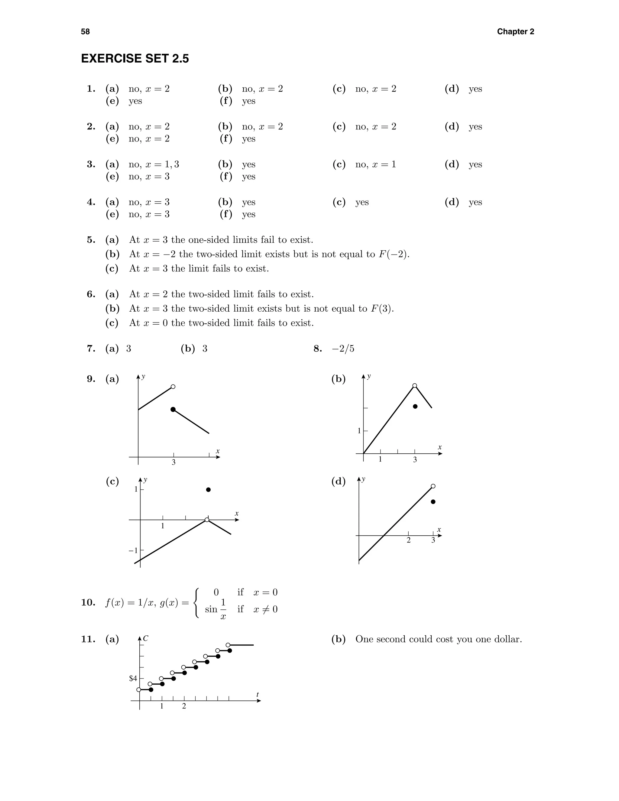 58 Chapter 2
EXERCISE SET 2.5
1. (a) no, x = 2 (b) no, x = 2 (c) no, x = 2 (d) yes
(e) yes (f) yes
2. (a) no, x = 2 (b) no, x = 2 (c) no, x = 2 (d) yes
(e) no, x = 2 (f) yes
3. (a) no, x = 1, 3 (b) yes (c) no, x = 1 (d) yes
(e) no, x = 3 (f) yes
4. (a) no, x = 3 (b) yes (c) yes (d) yes
(e) no, x = 3 (f) yes
5. (a) At x = 3 the one-sided limits fail to exist.
(b) At x = −2 the two-sided limit exists but is not equal to F(−2).
(c) At x = 3 the limit fails to exist.
6. (a) At x = 2 the two-sided limit fails to exist.
(b) At x = 3 the two-sided limit exists but is not equal to F(3).
(c) At x = 0 the two-sided limit fails to exist.
7. (a) 3 (b) 3 8. −2/5
9. (a) y
x
3
(b) y
x
1
1 3
(c) y
x
-1
1
1
(d) y
x
2 3
10. f(x) = 1/x, g(x) =
0 if x = 0
sin
1
x
if x = 0
11. (a) C
t
1
$4
2
(b) One second could cost you one dollar.
 