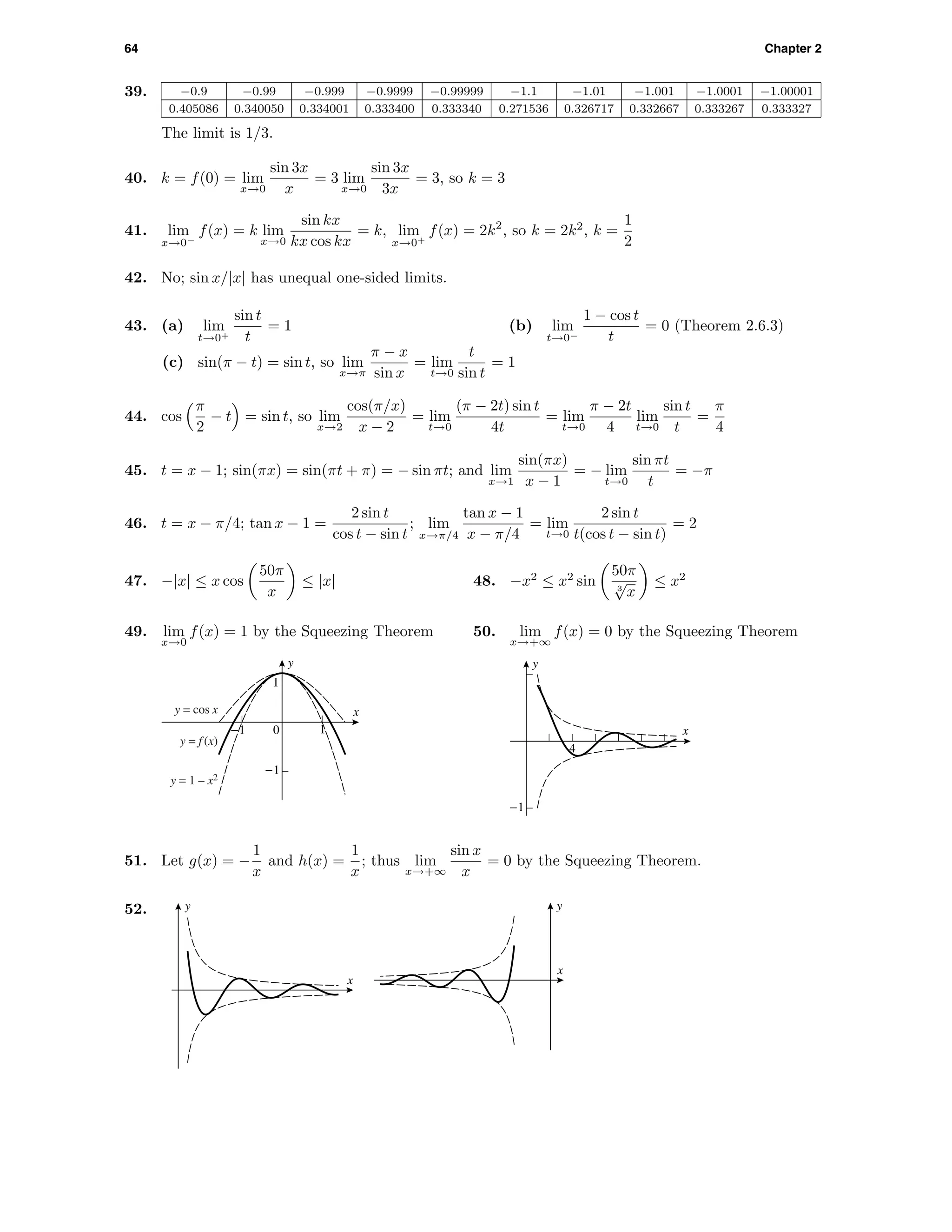 64 Chapter 2
39. −0.9 −0.99 −0.999 −0.9999 −0.99999 −1.1 −1.01 −1.001 −1.0001 −1.00001
0.405086 0.340050 0.334001 0.333400 0.333340 0.271536 0.326717 0.332667 0.333267 0.333327
The limit is 1/3.
40. k = f(0) = lim
x→0
sin 3x
x
= 3 lim
x→0
sin 3x
3x
= 3, so k = 3
41. lim
x→0−
f(x) = k lim
x→0
sin kx
kx cos kx
= k, lim
x→0+
f(x) = 2k2
, so k = 2k2
, k =
1
2
42. No; sin x/|x| has unequal one-sided limits.
43. (a) lim
t→0+
sin t
t
= 1 (b) lim
t→0−
1 − cos t
t
= 0 (Theorem 2.6.3)
(c) sin(π − t) = sin t, so lim
x→π
π − x
sin x
= lim
t→0
t
sin t
= 1
44. cos
π
2
− t = sin t, so lim
x→2
cos(π/x)
x − 2
= lim
t→0
(π − 2t) sin t
4t
= lim
t→0
π − 2t
4
lim
t→0
sin t
t
=
π
4
45. t = x − 1; sin(πx) = sin(πt + π) = − sin πt; and lim
x→1
sin(πx)
x − 1
= − lim
t→0
sin πt
t
= −π
46. t = x − π/4; tan x − 1 =
2 sin t
cos t − sin t
; lim
x→π/4
tan x − 1
x − π/4
= lim
t→0
2 sin t
t(cos t − sin t)
= 2
47. −|x| ≤ x cos
50π
x
≤ |x| 48. −x2
≤ x2
sin
50π
3
√
x
≤ x2
49. lim
x→0
f(x) = 1 by the Squeezing Theorem
-1
0
1
-1 1
x
y
y = cos x
y = 1 – x2
y = f (x)
50. lim
x→+∞
f(x) = 0 by the Squeezing Theorem
y
x
-1
4
51. Let g(x) = −
1
x
and h(x) =
1
x
; thus lim
x→+∞
sin x
x
= 0 by the Squeezing Theorem.
52. y
x
y
x
 