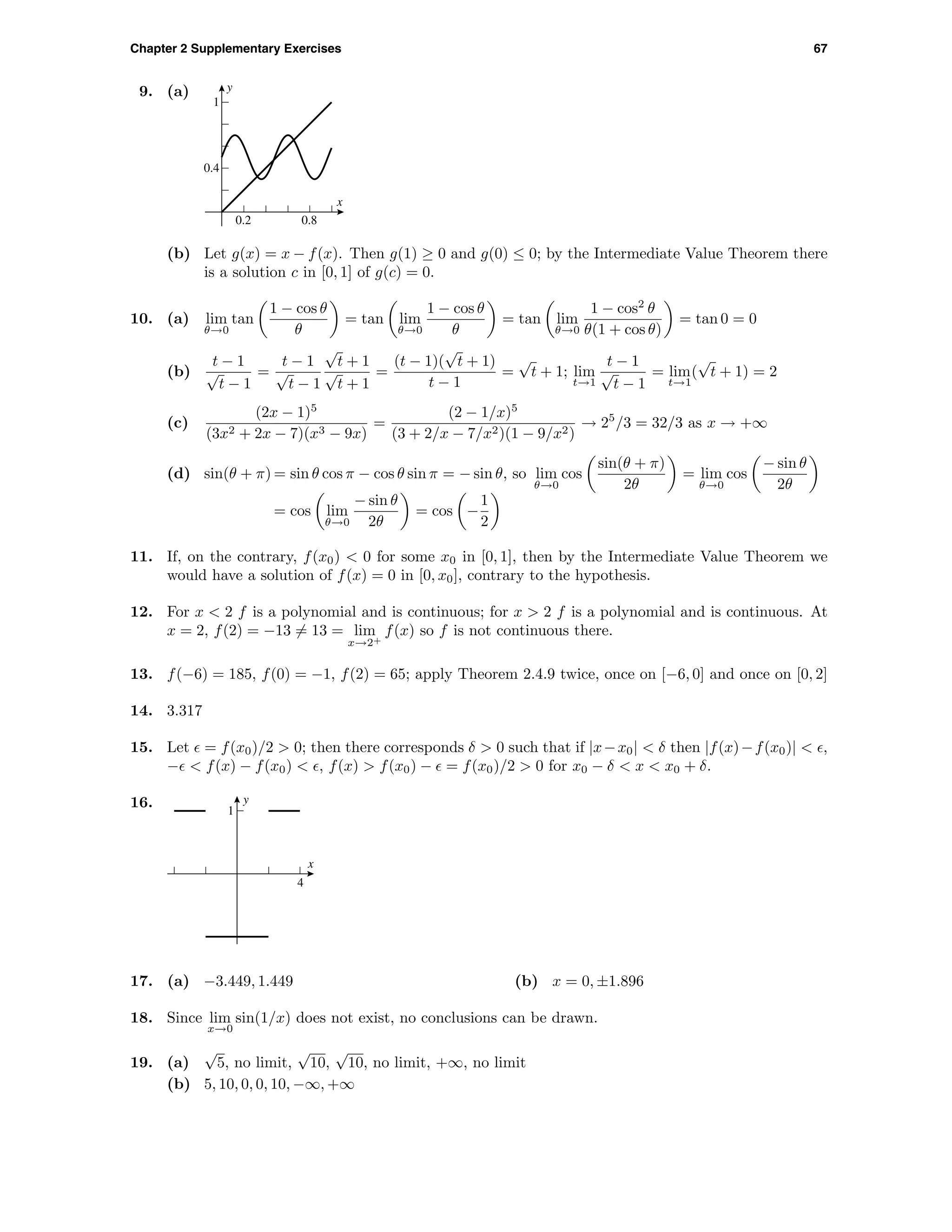 Chapter 2 Supplementary Exercises 67
9. (a) y
x
0.4
1
0.2 0.8
(b) Let g(x) = x − f(x). Then g(1) ≥ 0 and g(0) ≤ 0; by the Intermediate Value Theorem there
is a solution c in [0, 1] of g(c) = 0.
10. (a) lim
θ→0
tan
1 − cos θ
θ
= tan lim
θ→0
1 − cos θ
θ
= tan lim
θ→0
1 − cos2
θ
θ(1 + cos θ)
= tan 0 = 0
(b)
t − 1
√
t − 1
=
t − 1
√
t − 1
√
t + 1
√
t + 1
=
(t − 1)(
√
t + 1)
t − 1
=
√
t + 1; lim
t→1
t − 1
√
t − 1
= lim
t→1
(
√
t + 1) = 2
(c)
(2x − 1)5
(3x2 + 2x − 7)(x3 − 9x)
=
(2 − 1/x)5
(3 + 2/x − 7/x2)(1 − 9/x2)
→ 25
/3 = 32/3 as x → +∞
(d) sin(θ + π) = sin θ cos π − cos θ sin π = − sin θ, so lim
θ→0
cos
sin(θ + π)
2θ
= lim
θ→0
cos
− sin θ
2θ
= cos lim
θ→0
− sin θ
2θ
= cos −
1
2
11. If, on the contrary, f(x0) < 0 for some x0 in [0, 1], then by the Intermediate Value Theorem we
would have a solution of f(x) = 0 in [0, x0], contrary to the hypothesis.
12. For x < 2 f is a polynomial and is continuous; for x > 2 f is a polynomial and is continuous. At
x = 2, f(2) = −13 = 13 = lim
x→2+
f(x) so f is not continuous there.
13. f(−6) = 185, f(0) = −1, f(2) = 65; apply Theorem 2.4.9 twice, once on [−6, 0] and once on [0, 2]
14. 3.317
15. Let = f(x0)/2 > 0; then there corresponds δ > 0 such that if |x−x0| < δ then |f(x)−f(x0)| < ,
− < f(x) − f(x0) < , f(x) > f(x0) − = f(x0)/2 > 0 for x0 − δ < x < x0 + δ.
16. y
x
1
4
17. (a) −3.449, 1.449 (b) x = 0, ±1.896
18. Since lim
x→0
sin(1/x) does not exist, no conclusions can be drawn.
19. (a)
√
5, no limit,
√
10,
√
10, no limit, +∞, no limit
(b) 5, 10, 0, 0, 10, −∞, +∞
 