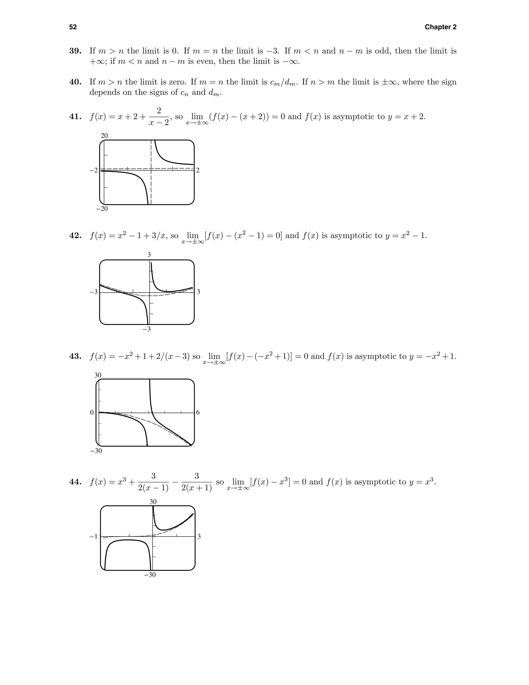 52 Chapter 2
39. If m > n the limit is 0. If m = n the limit is −3. If m < n and n − m is odd, then the limit is
+∞; if m < n and n − m is even, then the limit is −∞.
40. If m > n the limit is zero. If m = n the limit is cm/dm. If n > m the limit is ±∞, where the sign
depends on the signs of cn and dm.
41. f(x) = x + 2 +
2
x − 2
, so lim
x→±∞
(f(x) − (x + 2)) = 0 and f(x) is asymptotic to y = x + 2.
20
-20
-2 2
42. f(x) = x2
− 1 + 3/x, so lim
x→±∞
[f(x) − (x2
− 1) = 0] and f(x) is asymptotic to y = x2
− 1.
-3
-3
3
3
43. f(x) = −x2
+ 1 + 2/(x − 3) so lim
x→±∞
[f(x) − (−x2
+ 1)] = 0 and f(x) is asymptotic to y = −x2
+ 1.
0 6
-30
30
44. f(x) = x3
+
3
2(x − 1)
−
3
2(x + 1)
so lim
x→±∞
[f(x) − x3
] = 0 and f(x) is asymptotic to y = x3
.
-1
-30
3
30
 