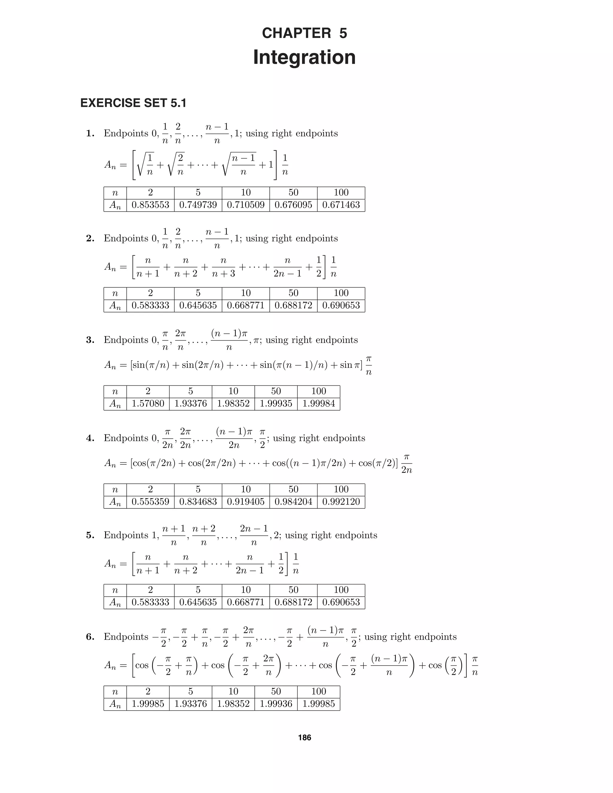186
CHAPTER 5
Integration
EXERCISE SET 5.1
1. Endpoints 0,
1
n
,
2
n
, . . . ,
n − 1
n
, 1; using right endpoints
An =
1
n
+
2
n
+ · · · +
n − 1
n
+ 1
1
n
n 2 5 10 50 100
An 0.853553 0.749739 0.710509 0.676095 0.671463
2. Endpoints 0,
1
n
,
2
n
, . . . ,
n − 1
n
, 1; using right endpoints
An =
n
n + 1
+
n
n + 2
+
n
n + 3
+ · · · +
n
2n − 1
+
1
2
1
n
n 2 5 10 50 100
An 0.583333 0.645635 0.668771 0.688172 0.690653
3. Endpoints 0,
π
n
,
2π
n
, . . . ,
(n − 1)π
n
, π; using right endpoints
An = [sin(π/n) + sin(2π/n) + · · · + sin(π(n − 1)/n) + sin π]
π
n
n 2 5 10 50 100
An 1.57080 1.93376 1.98352 1.99935 1.99984
4. Endpoints 0,
π
2n
,
2π
2n
, . . . ,
(n − 1)π
2n
,
π
2
; using right endpoints
An = [cos(π/2n) + cos(2π/2n) + · · · + cos((n − 1)π/2n) + cos(π/2)]
π
2n
n 2 5 10 50 100
An 0.555359 0.834683 0.919405 0.984204 0.992120
5. Endpoints 1,
n + 1
n
,
n + 2
n
, . . . ,
2n − 1
n
, 2; using right endpoints
An =
n
n + 1
+
n
n + 2
+ · · · +
n
2n − 1
+
1
2
1
n
n 2 5 10 50 100
An 0.583333 0.645635 0.668771 0.688172 0.690653
6. Endpoints −
π
2
, −
π
2
+
π
n
, −
π
2
+
2π
n
, . . . , −
π
2
+
(n − 1)π
n
,
π
2
; using right endpoints
An = cos −
π
2
+
π
n
+ cos −
π
2
+
2π
n
+ · · · + cos −
π
2
+
(n − 1)π
n
+ cos
π
2
π
n
n 2 5 10 50 100
An 1.99985 1.93376 1.98352 1.99936 1.99985
 