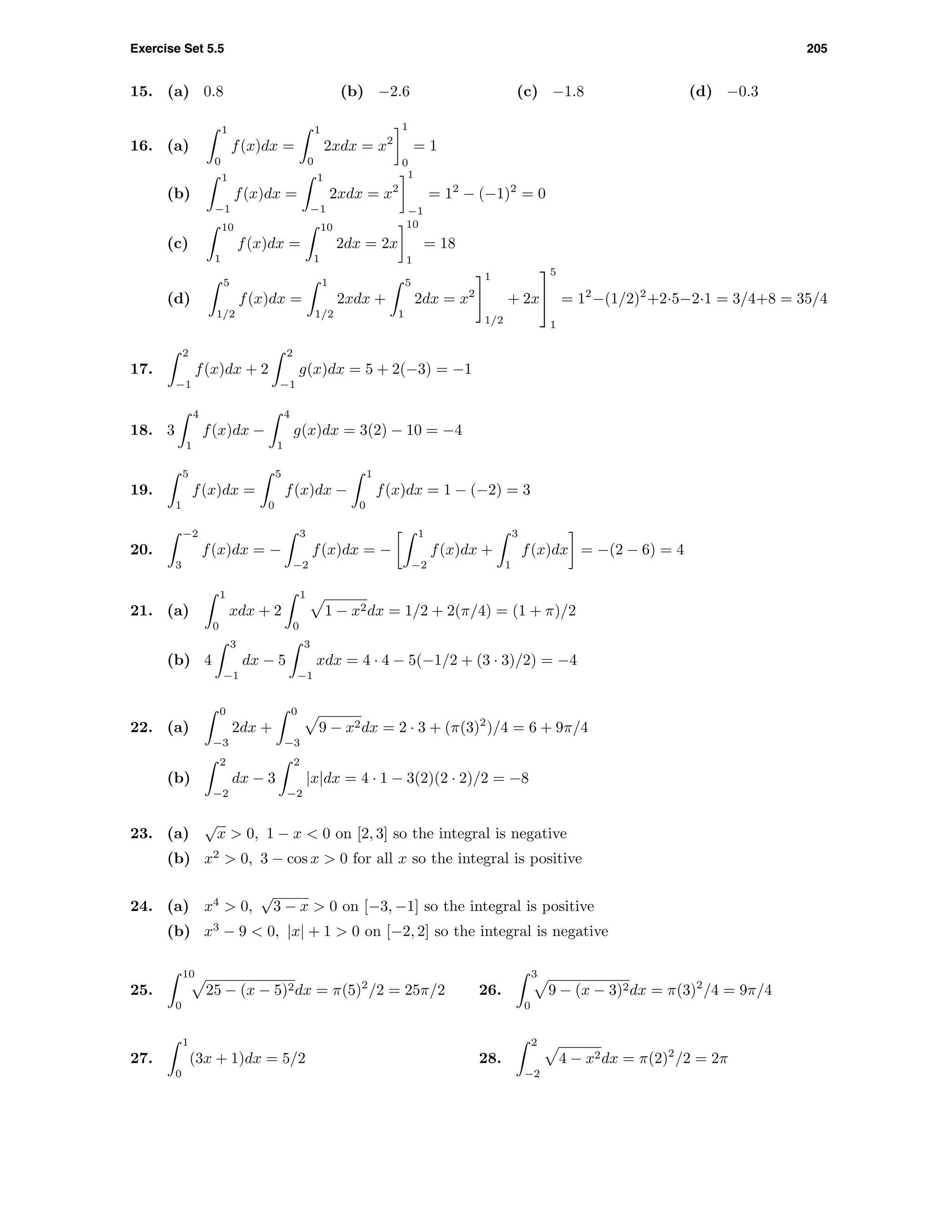 Exercise Set 5.5 205
15. (a) 0.8 (b) −2.6 (c) −1.8 (d) −0.3
16. (a)
1
0
f(x)dx =
1
0
2xdx = x2
1
0
= 1
(b)
1
−1
f(x)dx =
1
−1
2xdx = x2
1
−1
= 12
− (−1)2
= 0
(c)
10
1
f(x)dx =
10
1
2dx = 2x
10
1
= 18
(d)
5
1/2
f(x)dx =
1
1/2
2xdx +
5
1
2dx = x2
1
1/2
+ 2x


5
1
= 12
−(1/2)2
+2·5−2·1 = 3/4+8 = 35/4
17.
2
−1
f(x)dx + 2
2
−1
g(x)dx = 5 + 2(−3) = −1
18. 3
4
1
f(x)dx −
4
1
g(x)dx = 3(2) − 10 = −4
19.
5
1
f(x)dx =
5
0
f(x)dx −
1
0
f(x)dx = 1 − (−2) = 3
20.
−2
3
f(x)dx = −
3
−2
f(x)dx = −
1
−2
f(x)dx +
3
1
f(x)dx = −(2 − 6) = 4
21. (a)
1
0
xdx + 2
1
0
1 − x2dx = 1/2 + 2(π/4) = (1 + π)/2
(b) 4
3
−1
dx − 5
3
−1
xdx = 4 · 4 − 5(−1/2 + (3 · 3)/2) = −4
22. (a)
0
−3
2dx +
0
−3
9 − x2dx = 2 · 3 + (π(3)2
)/4 = 6 + 9π/4
(b)
2
−2
dx − 3
2
−2
|x|dx = 4 · 1 − 3(2)(2 · 2)/2 = −8
23. (a)
√
x > 0, 1 − x < 0 on [2, 3] so the integral is negative
(b) x2
> 0, 3 − cos x > 0 for all x so the integral is positive
24. (a) x4
> 0,
√
3 − x > 0 on [−3, −1] so the integral is positive
(b) x3
− 9 < 0, |x| + 1 > 0 on [−2, 2] so the integral is negative
25.
10
0
25 − (x − 5)2dx = π(5)2
/2 = 25π/2 26.
3
0
9 − (x − 3)2dx = π(3)2
/4 = 9π/4
27.
1
0
(3x + 1)dx = 5/2 28.
2
−2
4 − x2dx = π(2)2
/2 = 2π
 
