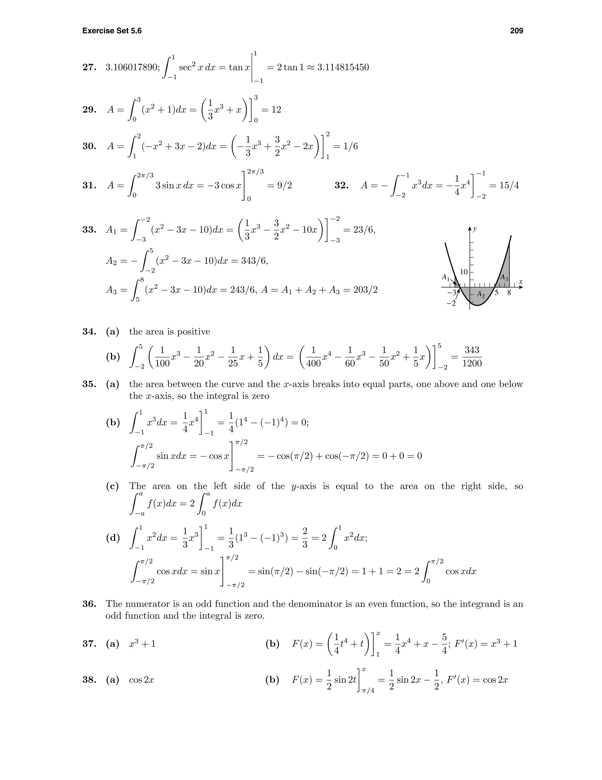 Exercise Set 5.6 209
27. 3.106017890;
1
−1
sec2
x dx = tan x
1
−1
= 2 tan 1 ≈ 3.114815450
29. A =
3
0
(x2
+ 1)dx =
1
3
x3
+ x
3
0
= 12
30. A =
2
1
(−x2
+ 3x − 2)dx = −
1
3
x3
+
3
2
x2
− 2x
2
1
= 1/6
31. A =
2π/3
0
3 sin x dx = −3 cos x
2π/3
0
= 9/2 32. A = −
−1
−2
x3
dx = −
1
4
x4
−1
−2
= 15/4
33. A1 =
−2
−3
(x2
− 3x − 10)dx =
1
3
x3
−
3
2
x2
− 10x
−2
−3
= 23/6,
A2 = −
5
−2
(x2
− 3x − 10)dx = 343/6,
A3 =
8
5
(x2
− 3x − 10)dx = 243/6, A = A1 + A2 + A3 = 203/2 -3
-2
85
10
x
y
A1
A2
A3
34. (a) the area is positive
(b)
5
−2
1
100
x3
−
1
20
x2
−
1
25
x +
1
5
dx =
1
400
x4
−
1
60
x3
−
1
50
x2
+
1
5
x
5
−2
=
343
1200
35. (a) the area between the curve and the x-axis breaks into equal parts, one above and one below
the x-axis, so the integral is zero
(b)
1
−1
x3
dx =
1
4
x4
1
−1
=
1
4
(14
− (−1)4
) = 0;
π/2
−π/2
sin xdx = − cos x
π/2
−π/2
= − cos(π/2) + cos(−π/2) = 0 + 0 = 0
(c) The area on the left side of the y-axis is equal to the area on the right side, so
a
−a
f(x)dx = 2
a
0
f(x)dx
(d)
1
−1
x2
dx =
1
3
x3
1
−1
=
1
3
(13
− (−1)3
) =
2
3
= 2
1
0
x2
dx;
π/2
−π/2
cos xdx = sin x
π/2
−π/2
= sin(π/2) − sin(−π/2) = 1 + 1 = 2 = 2
π/2
0
cos xdx
36. The numerator is an odd function and the denominator is an even function, so the integrand is an
odd function and the integral is zero.
37. (a) x3
+ 1 (b) F(x) =
1
4
t4
+ t
x
1
=
1
4
x4
+ x −
5
4
; F (x) = x3
+ 1
38. (a) cos 2x (b) F(x) =
1
2
sin 2t
x
π/4
=
1
2
sin 2x −
1
2
, F (x) = cos 2x
 