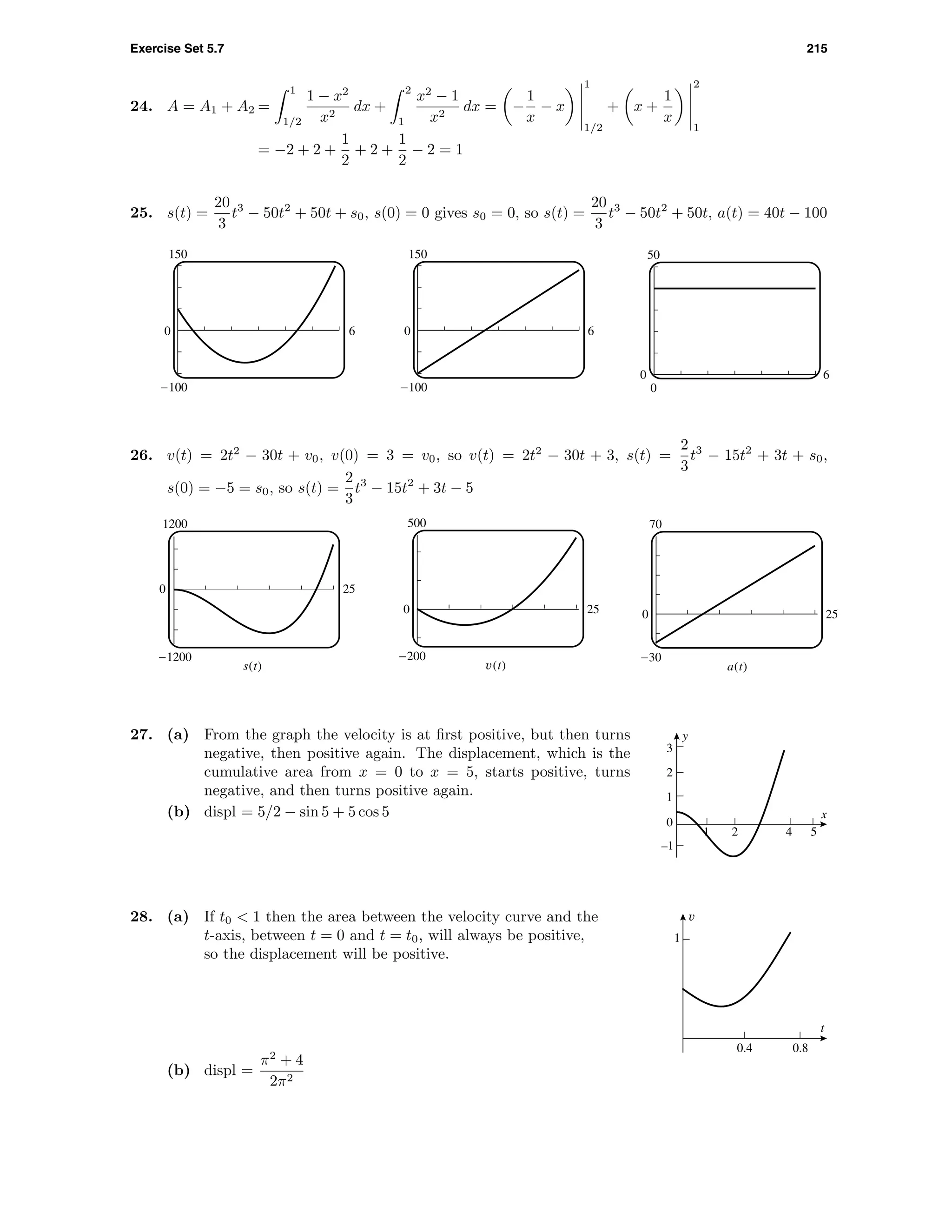 Exercise Set 5.7 215
24. A = A1 + A2 =
1
1/2
1 − x2
x2
dx +
2
1
x2
− 1
x2
dx = −
1
x
− x
1
1/2
+ x +
1
x
2
1
= −2 + 2 +
1
2
+ 2 +
1
2
− 2 = 1
25. s(t) =
20
3
t3
− 50t2
+ 50t + s0, s(0) = 0 gives s0 = 0, so s(t) =
20
3
t3
− 50t2
+ 50t, a(t) = 40t − 100
150
-100
0 6
150
-100
0 6
50
0
0 6
26. v(t) = 2t2
− 30t + v0, v(0) = 3 = v0, so v(t) = 2t2
− 30t + 3, s(t) =
2
3
t3
− 15t2
+ 3t + s0,
s(0) = −5 = s0, so s(t) =
2
3
t3
− 15t2
+ 3t − 5
1200
-1200
0 25
s(t)
500
-200
0 25
v(t)
70
-30
0 25
a(t)
–1
0
1
2
3
y
1 2 4 5
x
27. (a) From the graph the velocity is at ﬁrst positive, but then turns
negative, then positive again. The displacement, which is the
cumulative area from x = 0 to x = 5, starts positive, turns
negative, and then turns positive again.
(b) displ = 5/2 − sin 5 + 5 cos 5
28. (a) If t0 < 1 then the area between the velocity curve and the
t-axis, between t = 0 and t = t0, will always be positive,
so the displacement will be positive.
1
v
0.4 0.8
t
(b) displ =
π2
+ 4
2π2
 