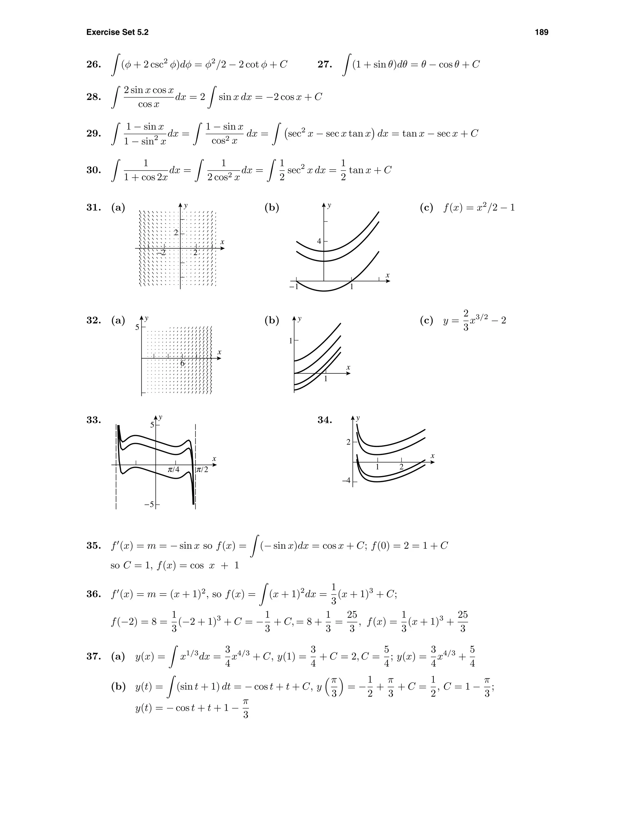 Exercise Set 5.2 189
26. (φ + 2 csc2
φ)dφ = φ2
/2 − 2 cot φ + C 27. (1 + sin θ)dθ = θ − cos θ + C
28.
2 sin x cos x
cos x
dx = 2 sin x dx = −2 cos x + C
29.
1 − sin x
1 − sin2
x
dx =
1 − sin x
cos2 x
dx = sec2
x − sec x tan x dx = tan x − sec x + C
30.
1
1 + cos 2x
dx =
1
2 cos2 x
dx =
1
2
sec2
x dx =
1
2
tan x + C
31. (a)
2
y
–2 2
x
(b) y
x
4
-1 1
(c) f(x) = x2
/2 − 1
32. (a)
5
6
x
y (b)
1
y
x
1
(c) y =
2
3
x3/2
− 2
33. y
x
-5
5
c/4 c/2
34.
–4
2
y
x
1 2
35. f (x) = m = − sin x so f(x) = (− sin x)dx = cos x + C; f(0) = 2 = 1 + C
so C = 1, f(x) = cos x + 1
36. f (x) = m = (x + 1)2
, so f(x) = (x + 1)2
dx =
1
3
(x + 1)3
+ C;
f(−2) = 8 =
1
3
(−2 + 1)3
+ C = −
1
3
+ C, = 8 +
1
3
=
25
3
, f(x) =
1
3
(x + 1)3
+
25
3
37. (a) y(x) = x1/3
dx =
3
4
x4/3
+ C, y(1) =
3
4
+ C = 2, C =
5
4
; y(x) =
3
4
x4/3
+
5
4
(b) y(t) = (sin t + 1) dt = − cos t + t + C, y
π
3
= −
1
2
+
π
3
+ C =
1
2
, C = 1 −
π
3
;
y(t) = − cos t + t + 1 −
π
3
 