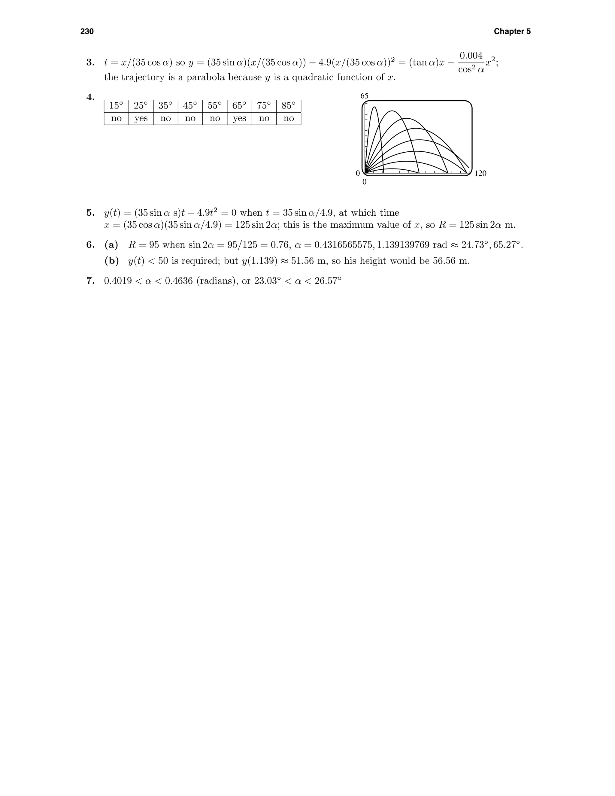 230 Chapter 5
3. t = x/(35 cos α) so y = (35 sin α)(x/(35 cos α)) − 4.9(x/(35 cos α))2
= (tan α)x −
0.004
cos2 α
x2
;
the trajectory is a parabola because y is a quadratic function of x.
4.
15◦
25◦
35◦
45◦
55◦
65◦
75◦
85◦
no yes no no no yes no no
65
0
0 120
5. y(t) = (35 sin α s)t − 4.9t2
= 0 when t = 35 sin α/4.9, at which time
x = (35 cos α)(35 sin α/4.9) = 125 sin 2α; this is the maximum value of x, so R = 125 sin 2α m.
6. (a) R = 95 when sin 2α = 95/125 = 0.76, α = 0.4316565575, 1.139139769 rad ≈ 24.73◦
, 65.27◦
.
(b) y(t) < 50 is required; but y(1.139) ≈ 51.56 m, so his height would be 56.56 m.
7. 0.4019 < α < 0.4636 (radians), or 23.03◦
< α < 26.57◦
 