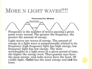 MORE N LIGHT WAVES!!!!
� Frequency is the number of waves passing a given
point every second. The greater the frequency, the
greater the amount of energy.
� Light waves are waves of energy. The amount of
energy in a light wave is proportionally related to its
frequency: high frequency light has high energy; low
frequency light has low energy. The more
wavelengths in a light wave in a given period of time,
the higher the energy level. Thus gamma rays have
the most energy, and radio waves have the least. Of
visible light, violet has the most energy and red the
least.
 