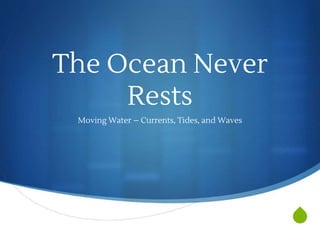 💧
The Ocean Never
Rests
Moving Water – Currents, Tides, and Waves
 