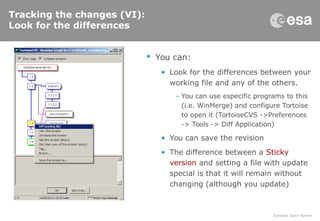 Tracking the changes (VI):
Look for the differences
 You can:
• Look for the differences between your
working file and any of the others.
– You can use especific programs to this
(i.e. WinMerge) and configure Tortoise
to open it (TortoiseCVS ->Preferences
-> Tools -> Diff Application)
• You can save the revision
• The difference between a Sticky
version and setting a file with update
special is that it will remain without
changing (although you update)
 