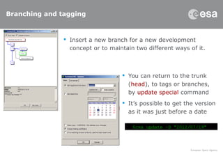 Branching and tagging
 Insert a new branch for a new development
concept or to maintain two different ways of it.
 You can return to the trunk
(head), to tags or branches,
by update special command
 It’s possible to get the version
as it was just before a date
$cvs update –D “2012/07/19”
 