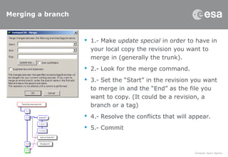 Merging a branch
 1.- Make update special in order to have in
your local copy the revision you want to
merge in (generally the trunk).
 2.- Look for the merge command.
 3.- Set the “Start” in the revision you want
to merge in and the “End” as the file you
want to copy. (It could be a revision, a
branch or a tag)
 4.- Resolve the conflicts that will appear.
 5.- Commit
 