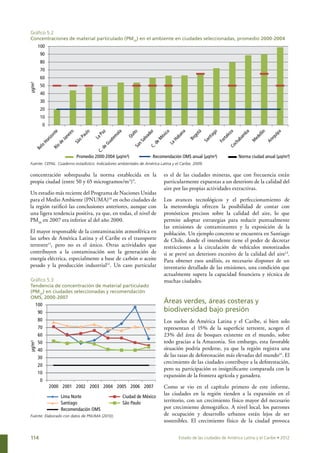 Gráfico 5.2
Concentraciones de material particulado (PM10 ) en el ambiente en ciudades seleccionadas, promedio 2000-2004
        100
         90
         80
         70
         60
µg/m³




         50
         40
         30
         20
         10
          0
                       iro
                     ne
                   Ja
                de
                o
              Rí




                             Promedio 2000-2004 (µg/m³)             Recomendación OMS anual (µg/m³)               Norma ciudad anual (µg/m³)
Fuente: CEPAL. Cuaderno estadístico. Indicadores ambientales de América Latina y el Caribe, 2009.

concentración sobrepasaba la norma establecida en la                      es el de las ciudades mineras, que con frecuencia están
propia ciudad (entre 50 y 65 microgramos/m3)9.                            particularmente expuestas a un deterioro de la calidad del
                                                                          aire por las propias actividades extractivas.
Un estudio más reciente del Programa de Naciones Unidas
para el Medio Ambiente (PNUMA)10 en ocho ciudades de                      Los avances tecnológicos y el perfeccionamiento de
la región ratificó las conclusiones anteriores, aunque con                la meteorología ofrecen la posibilidad de contar con
una ligera tendencia positiva, ya que, en todas, el nivel de              pronósticos precisos sobre la calidad del aire, lo que
PM10 en 2007 era inferior al del año 2000.                                permite adoptar estrategias para reducir puntualmente
                                                                          las emisiones de contaminantes y la exposición de la
El mayor responsable de la contaminación atmosférica en                   población. Un ejemplo concreto se encuentra en Santiago
las urbes de América Latina y el Caribe es el transporte                  de Chile, donde el intendente tiene el poder de decretar
terrestre11, pero no es el único. Otras actividades que                   restricciones a la circulación de vehículos motorizados
contribuyen a la contaminación son la generación de                       si se prevé un deterioro excesivo de la calidad del aire13.
energía eléctrica, especialmente a base de carbón o aceite                Para obtener esos análisis, es necesario disponer de un
pesado y la producción industrial12. Un caso particular                   inventario detallado de las emisiones, una condición que
                                                                          actualmente supera la capacidad financiera y técnica de
Gráfico 5.3                                                               muchas ciudades.
Tendencia de concentración de material particulado
(PM10 ) en ciudades seleccionadas y recomendación
OMS, 2000-2007
    100
                                                                          Áreas verdes, áreas costeras y
        90                                                                biodiversidad bajo presión
        80                                                                Los suelos de América Latina y el Caribe, si bien solo
        70                                                                representan el 15% de la superficie terrestre, acogen el
        60                                                                23% del área de bosques existente en el mundo, sobre
        50                                                                todo gracias a la Amazonia. Sin embargo, esta favorable
µg/m³




        40                                                                situación podría perderse, ya que la región registra una
        30                                                                de las tasas de deforestación más elevadas del mundo14. El
                                                                          crecimiento de las ciudades contribuye a la deforestación,
        20
                                                                          pero su participación es insignificante comparada con la
        10
                                                                          expansión de la frontera agrícola y ganadera.
         0
              2000 2001 2002 2003 2004 2005 2006 2007                     Como se vio en el capítulo primero de este informe,
                                                                          las ciudades en la región tienden a la expansión en el
                    Lima Norte                     Ciudad de México
                    Santiago                       São Paulo
                                                                          territorio, con un crecimiento físico mayor del necesario
                    Recomendación OMS                                     por crecimiento demográfico. A nivel local, los patrones
Fuente: Elaborado con datos de PNUMA (2010).                              de ocupación y desarrollo urbanos están lejos de ser
                                                                          sostenibles. El crecimiento físico de la ciudad provoca


114                                                                                Estado de las ciudades de América Latina y el Caribe • 2012
 